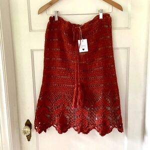 Crochet Women’s Midi Skirt Rust Orange Cotton Lined Size M Floral Lace Boho USA